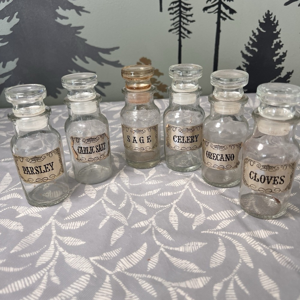 Vintage MCM Apothecary Spice Jars Set of 6 Glass Bottles with Stoppers